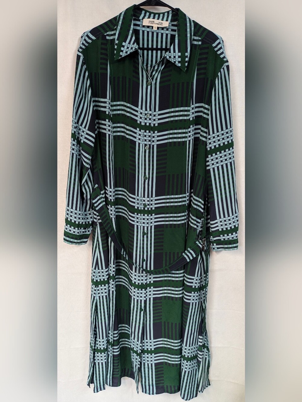 Diane Von Furstenberg Green and Black Plaid Midi Dress
